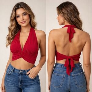 Halter Neck Wrap Crop Top Plunge V Neck Backless Red Womens Size L Y2K Clubwear